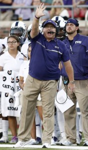 TCU head coach Gary Patterson gestures towards the field in the first half of an NCAA college football game against SMU, Saturday, Sept. 23, 2016, in Dallas, Texas. (AP Photo/Mike Stone)